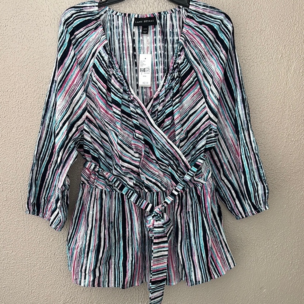 Lane Bryant Top 14/16 1X Surplice V-Neck Elastic Waist Belted Pink Blue Striped